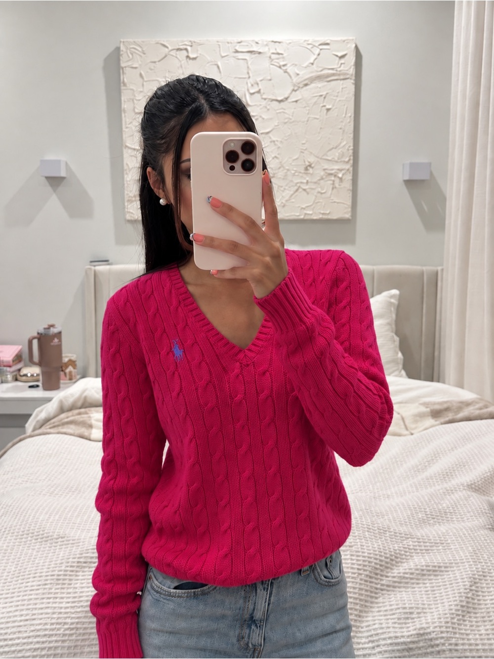 Ralph Lauren Hot Pink Cable-Knit V-Neck Sweater